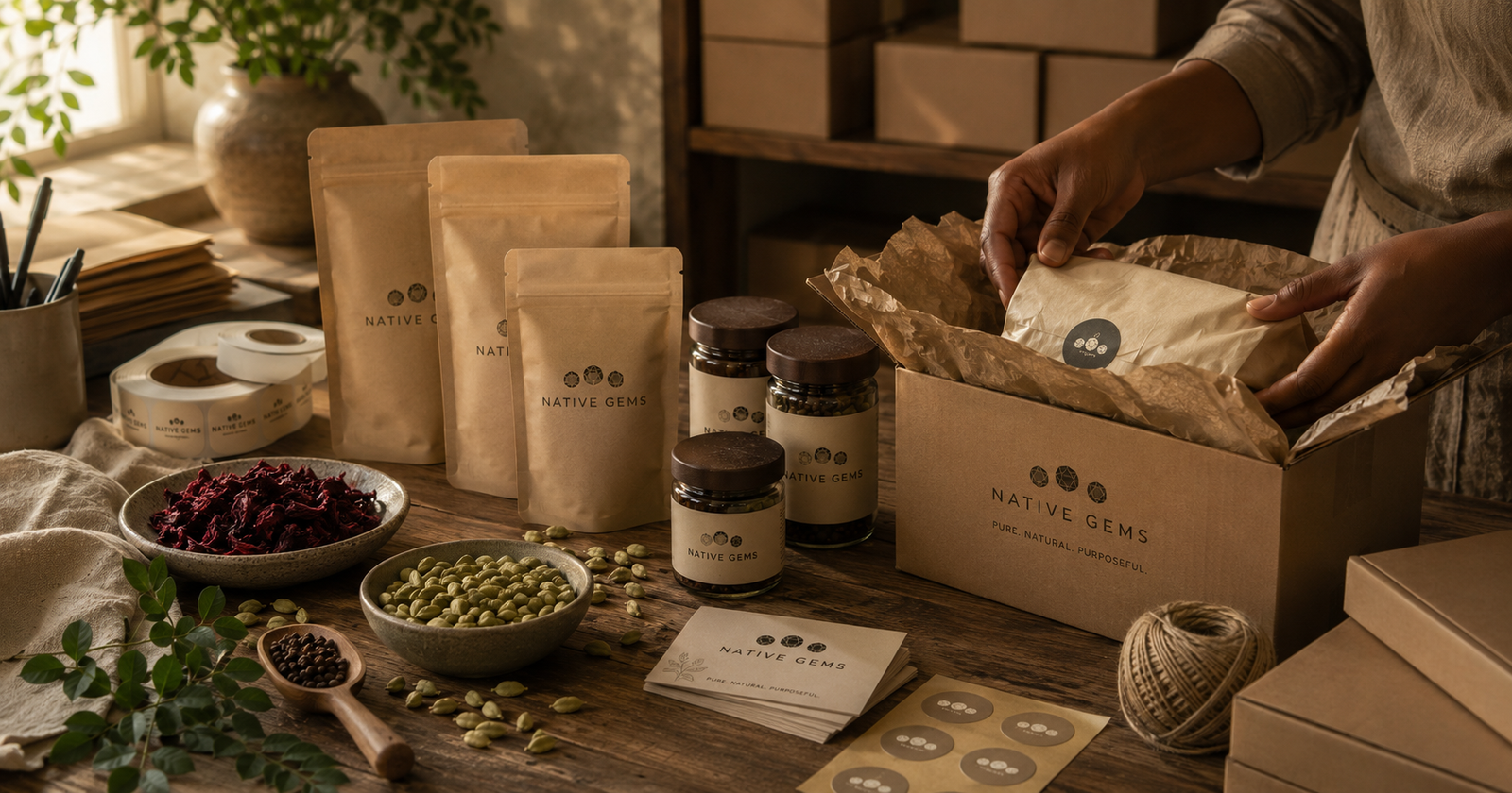 Hands packing Native Gems products into a shipping box alongside branded pouches, jars, and spice ingredients