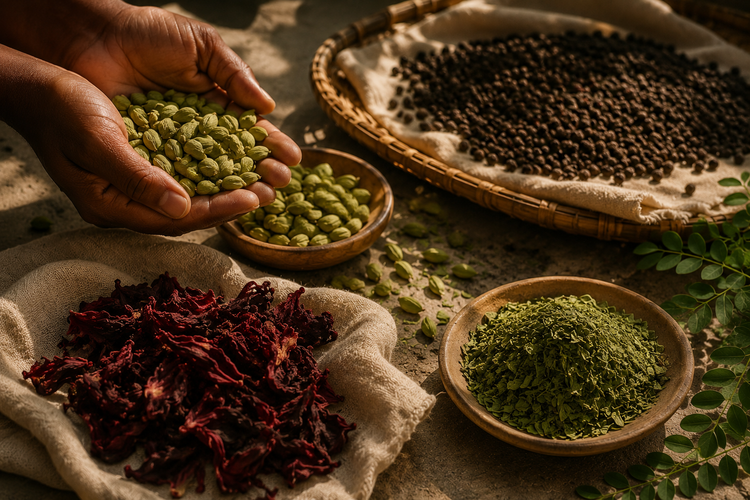 Hands holding cardamom alongside bowls of hibiscus, moringa, and black pepper